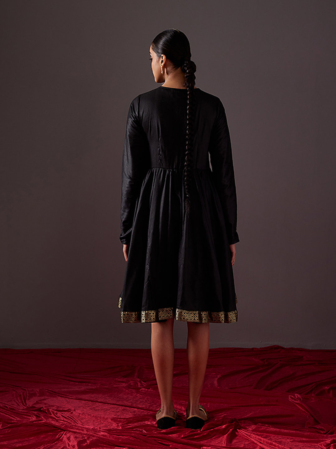Circular dress with churidar sleeves-metallic black