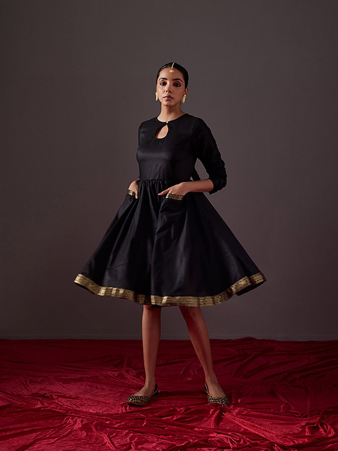 Circular dress with churidar sleeves-metallic black