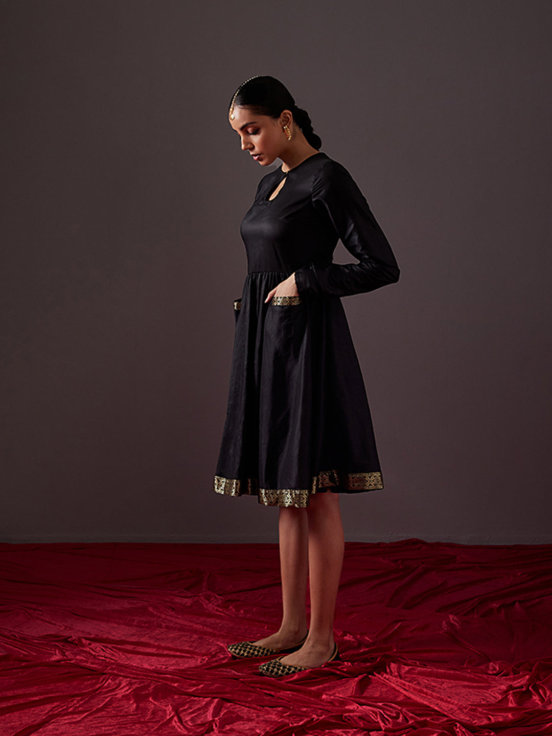Circular dress with churidar sleeves-metallic black