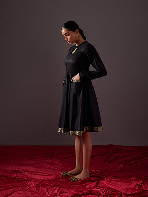 Circular dress with churidar sleeves-metallic black