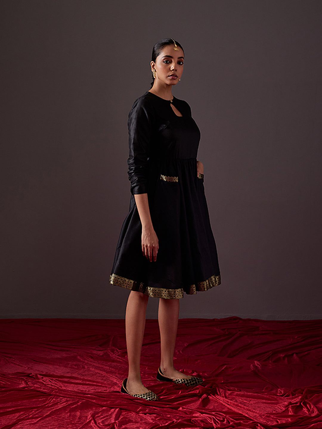 Circular dress with churidar sleeves-metallic black