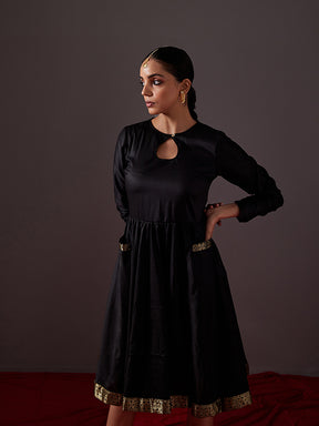 Circular dress with churidar sleeves-metallic black