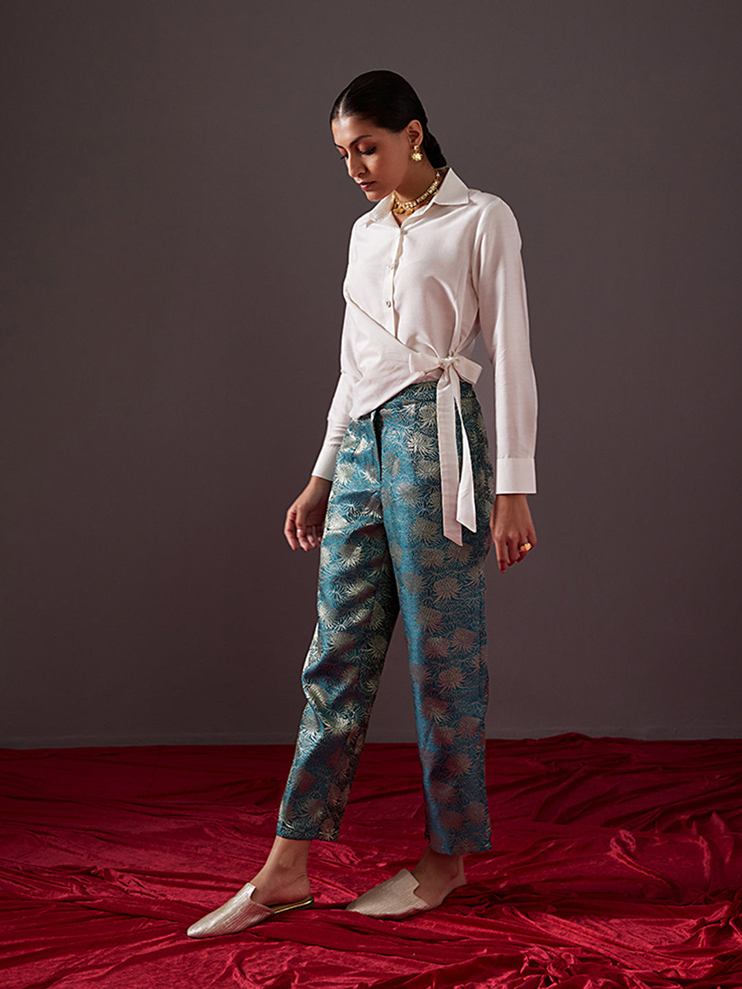 Overlapping Button Up Buttoned up wrap shirt with overlapping tie-up-pearl white
