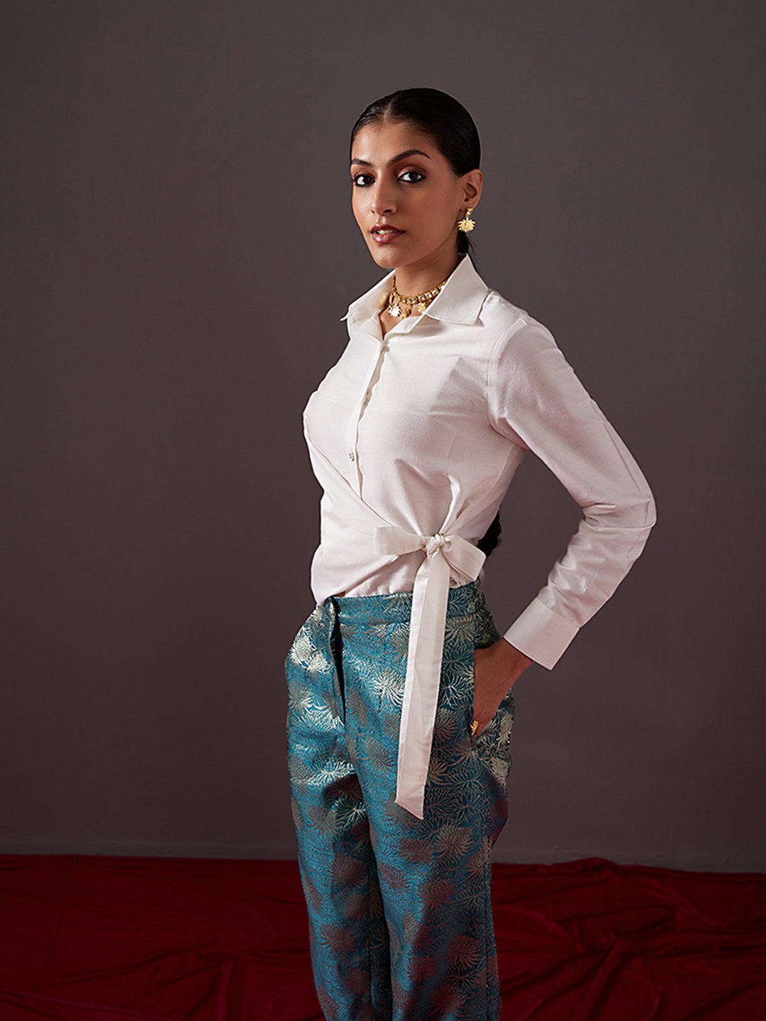 Overlapping Button Up Buttoned up wrap shirt with overlapping tie-up-pearl white