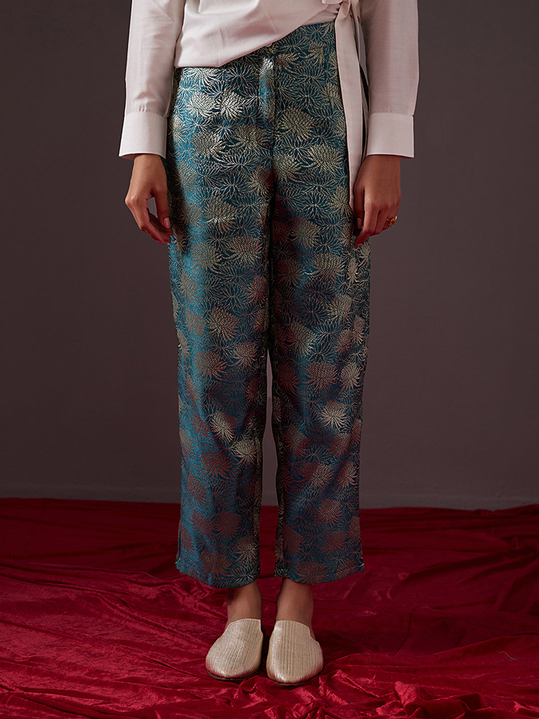 Straight Banarasi zari pants-teal blue