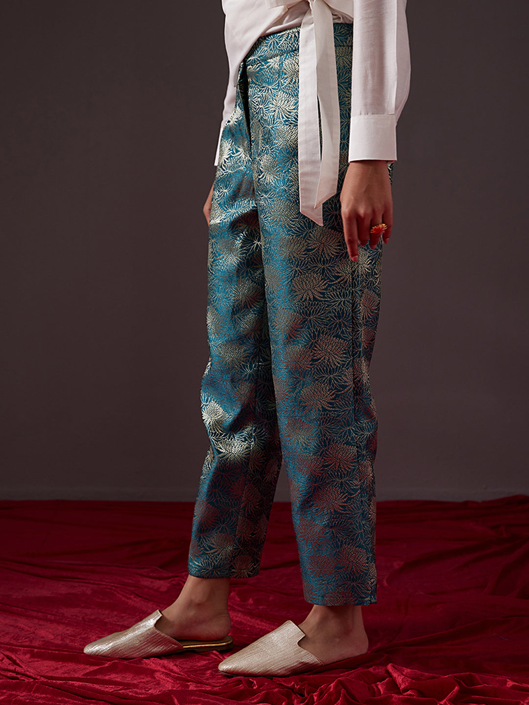 Straight Banarasi zari pants-teal blue