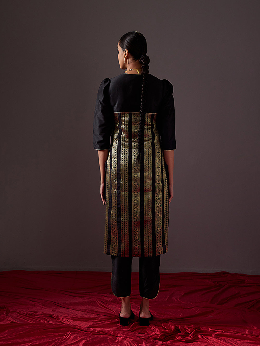 Scoop neck banarasi zari straight kurta - Metallic black