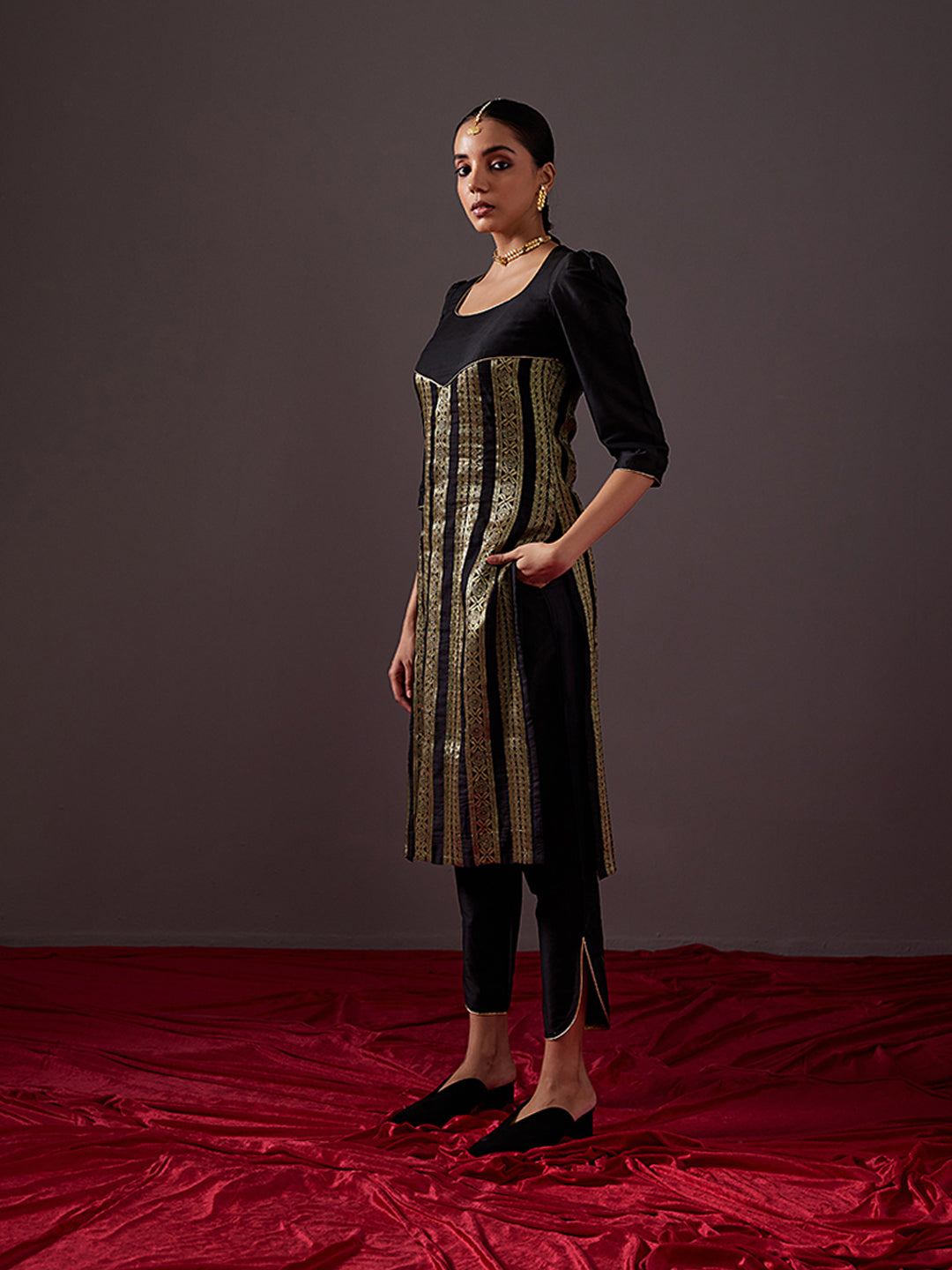 Scoop neck banarasi zari straight kurta - Metallic black