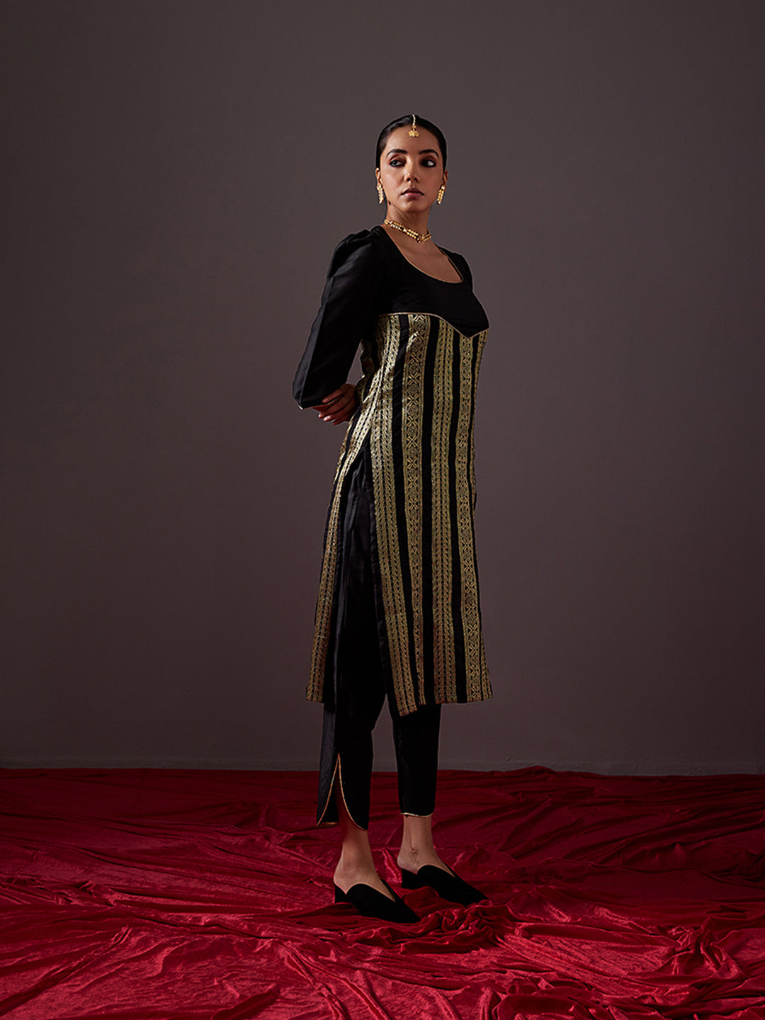 Scoop neck banarasi zari straight kurta - Metallic black