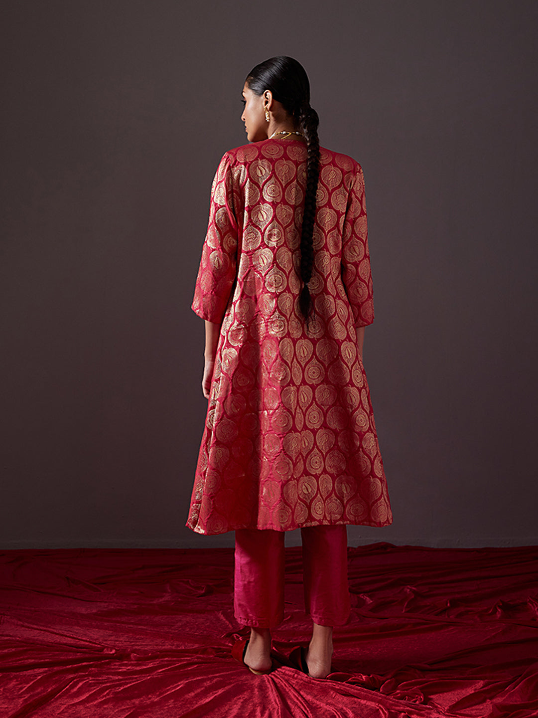 Banarasi zari jacket with straight kurta-Fuschia pink