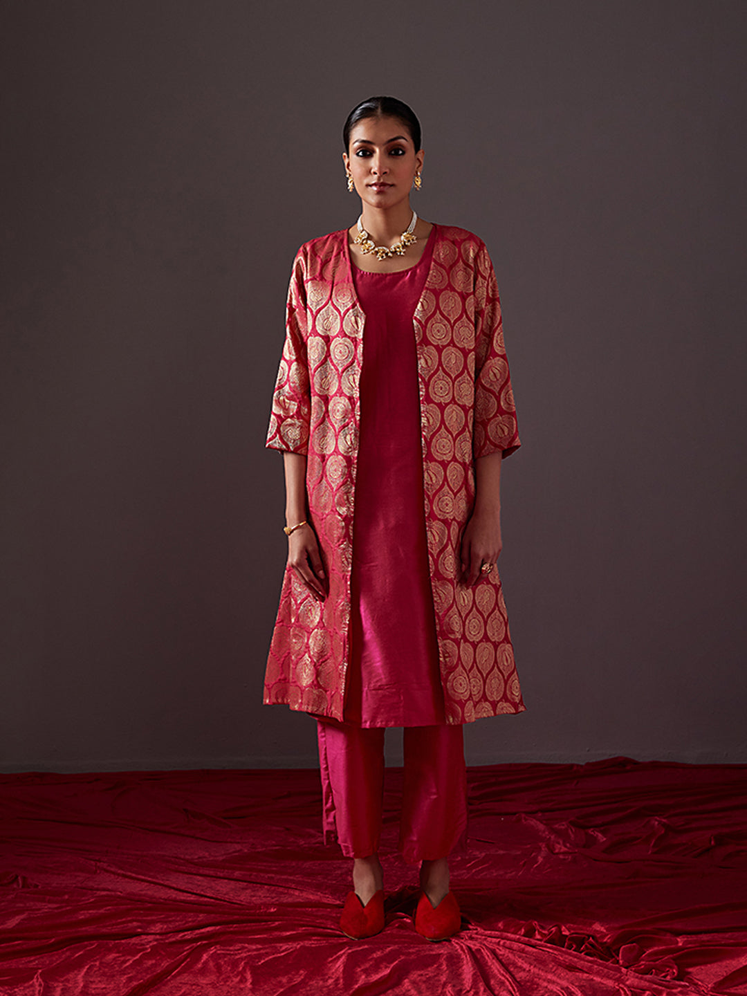 Banarasi zari jacket with straight kurta-Fuschia pink