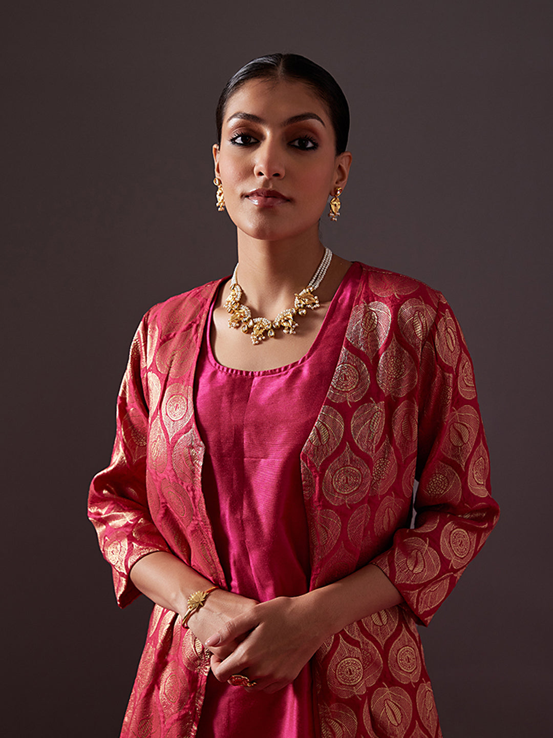 Banarasi zari jacket with straight kurta-Fuschia pink