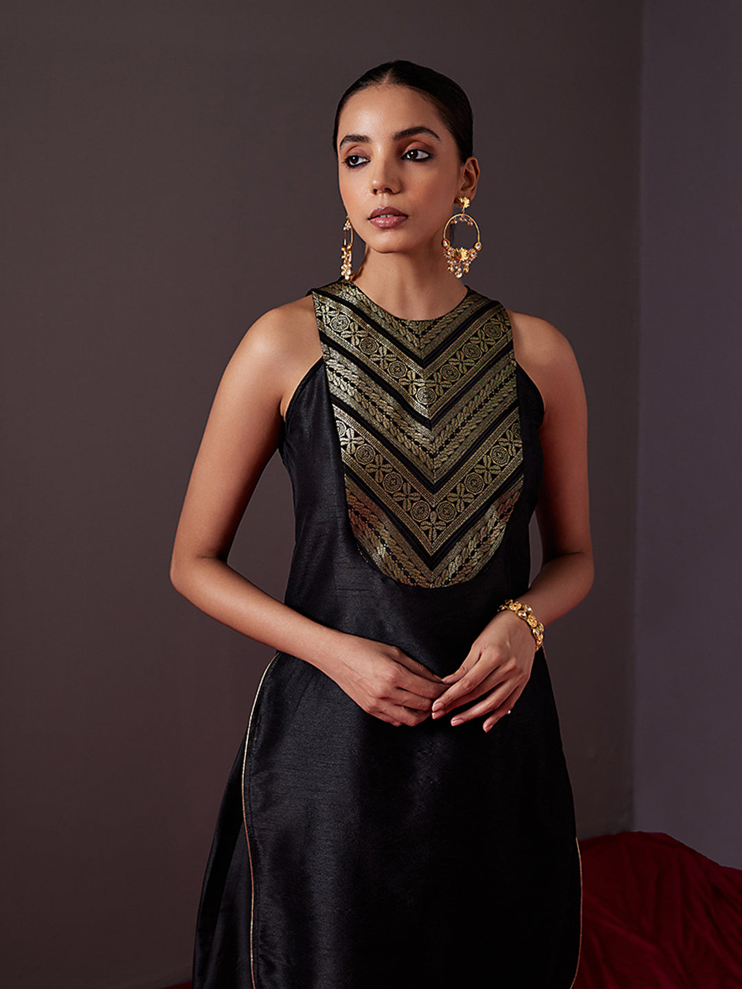 Buy Black Banarasi Silk Woven Straight Salwar Suit Online : Mauritius -