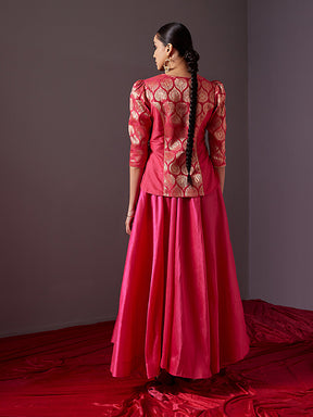 Banarasi zari U neck paneled top -Fuschia pink