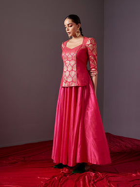 Banarasi zari U neck paneled top -Fuschia pink