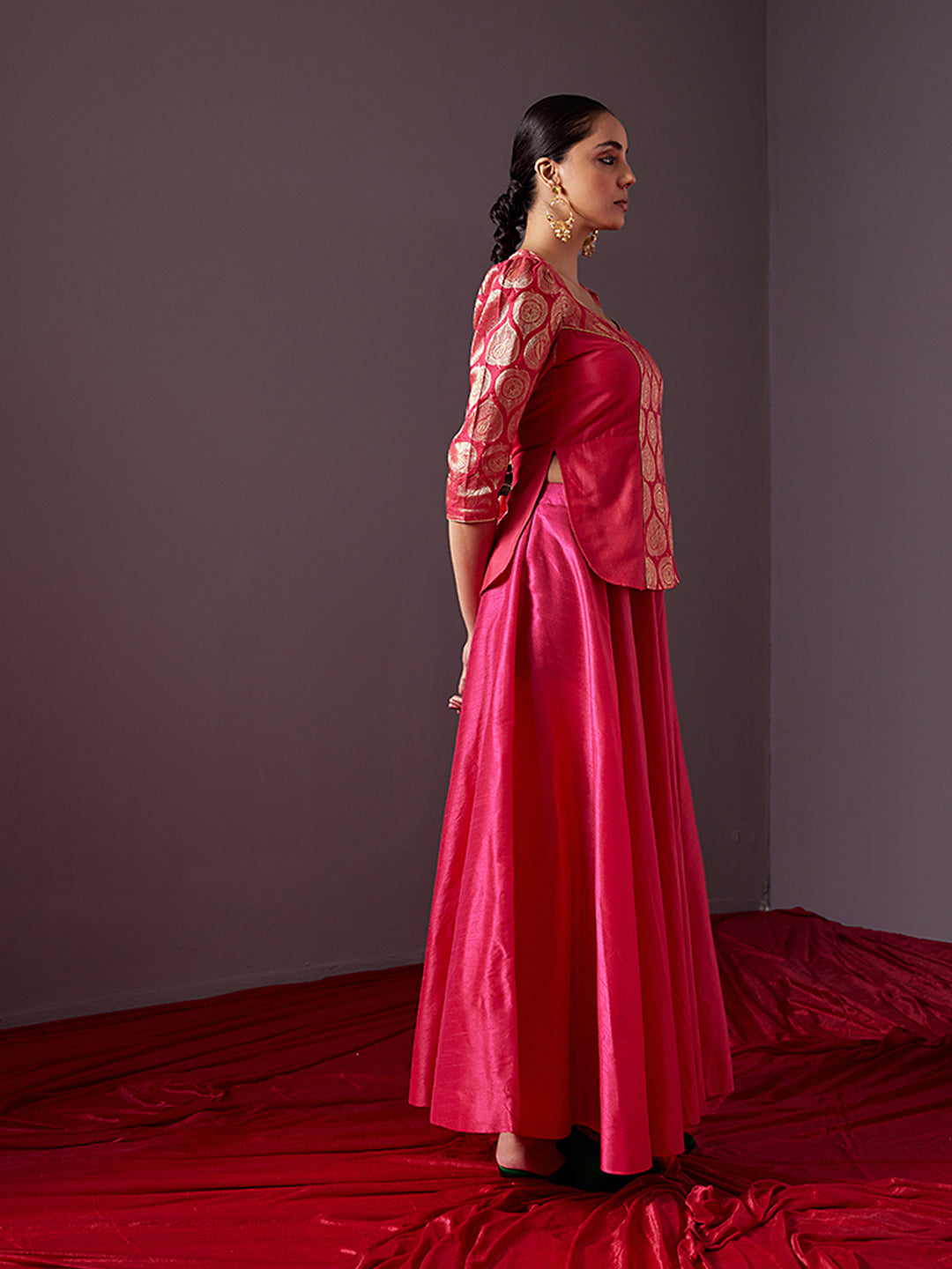 Banarasi zari U neck paneled top -Fuschia pink