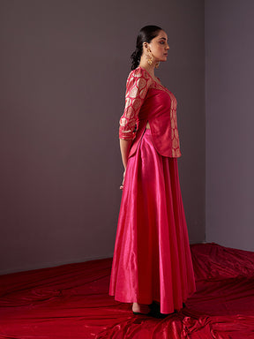 Banarasi zari U neck paneled top with circular skirt