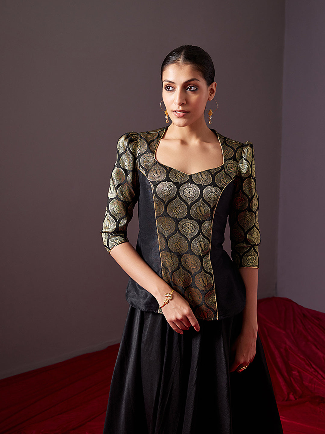 Banarasi zari U neck paneled top -metallic black