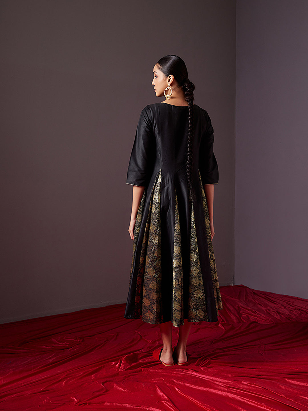 Banarasi zari godet flared dress-metallic black