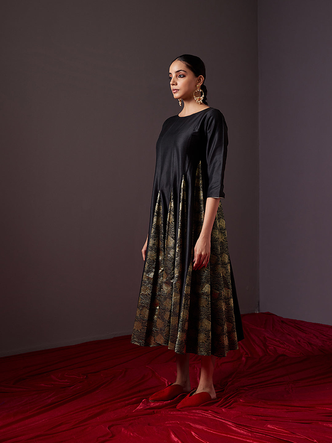 Banarasi zari godet flared dress-metallic black