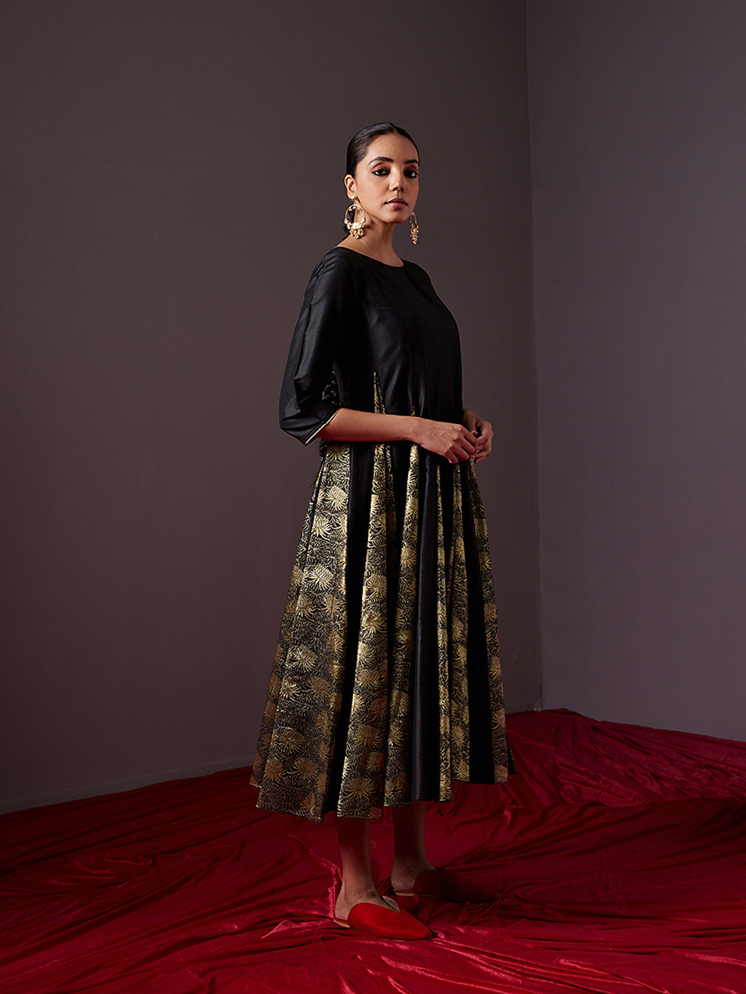 Banarasi zari godet flared dress-metallic black