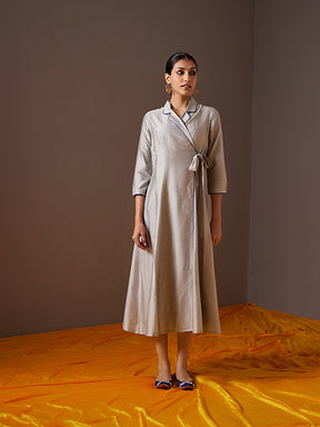 Lapel collared wrap dress- Metallic Grey