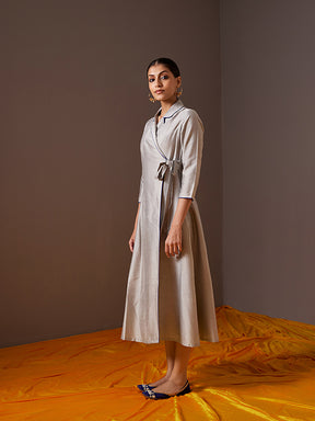 Lapel collared wrap dress- Metallic Grey