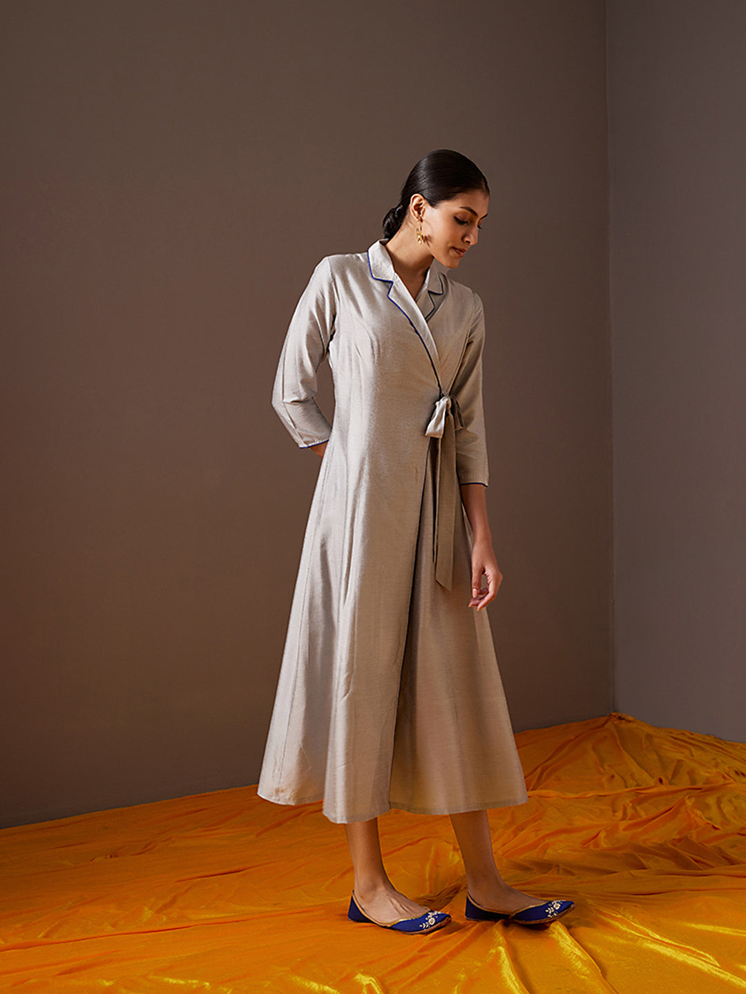 Lapel collared wrap dress- Metallic Grey