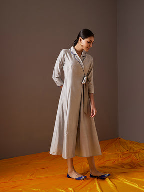 Lapel collared wrap dress- Metallic Grey