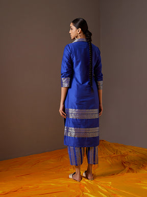 Collared Banarasi Kurta with banarasi Zari border-Imperial Blue