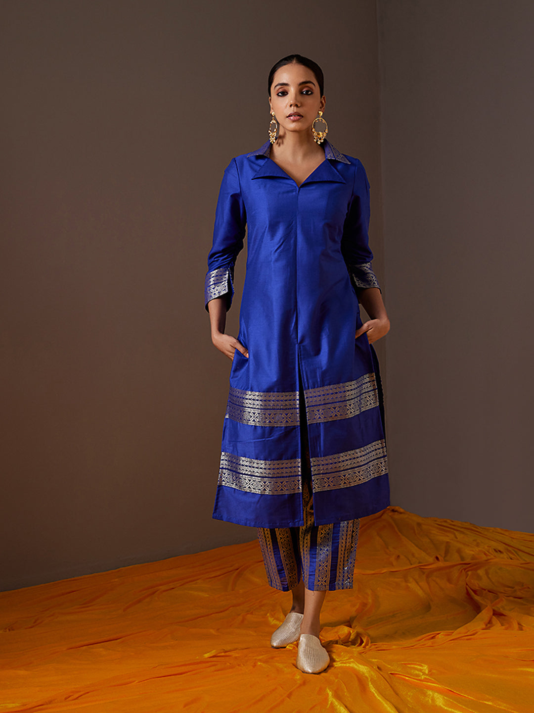 Collared Banarasi Kurta with banarasi Zari border-Imperial Blue