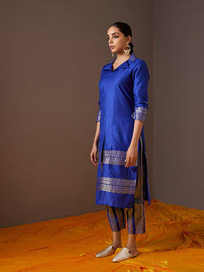Collared Banarasi Kurta with banarasi Zari border-Imperial Blue