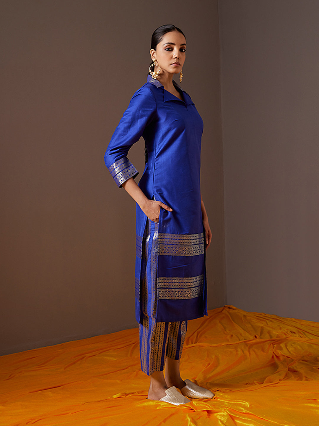 Collared Banarasi Kurta with banarasi Zari border-Imperial Blue