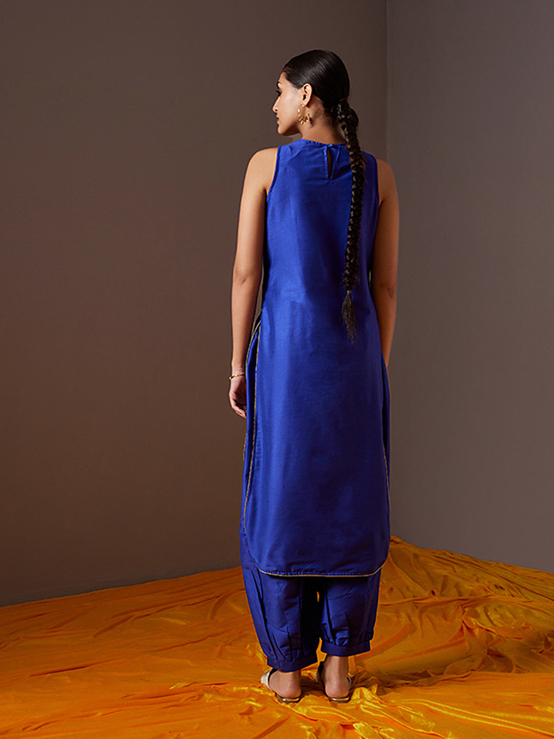 Banarasi zari Yoke high-low kurta with imperial blue pathani pants