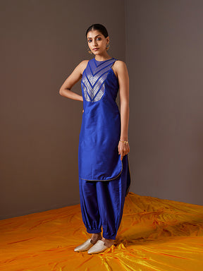Banarasi zari Yoke high-low kurta with imperial blue pathani pants
