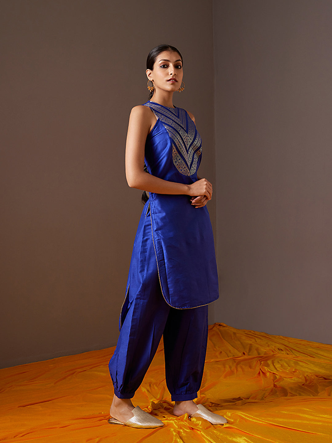 Banarasi zari Yoke high-low kurta with imperial blue pathani pants