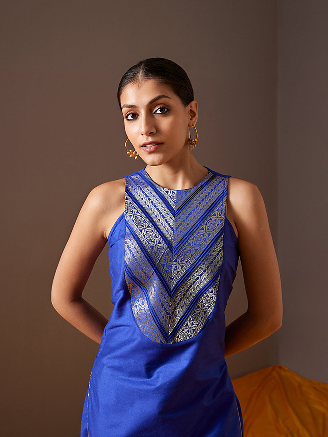 Banarasi zari Yoke high-low kurta-Imperial Blue