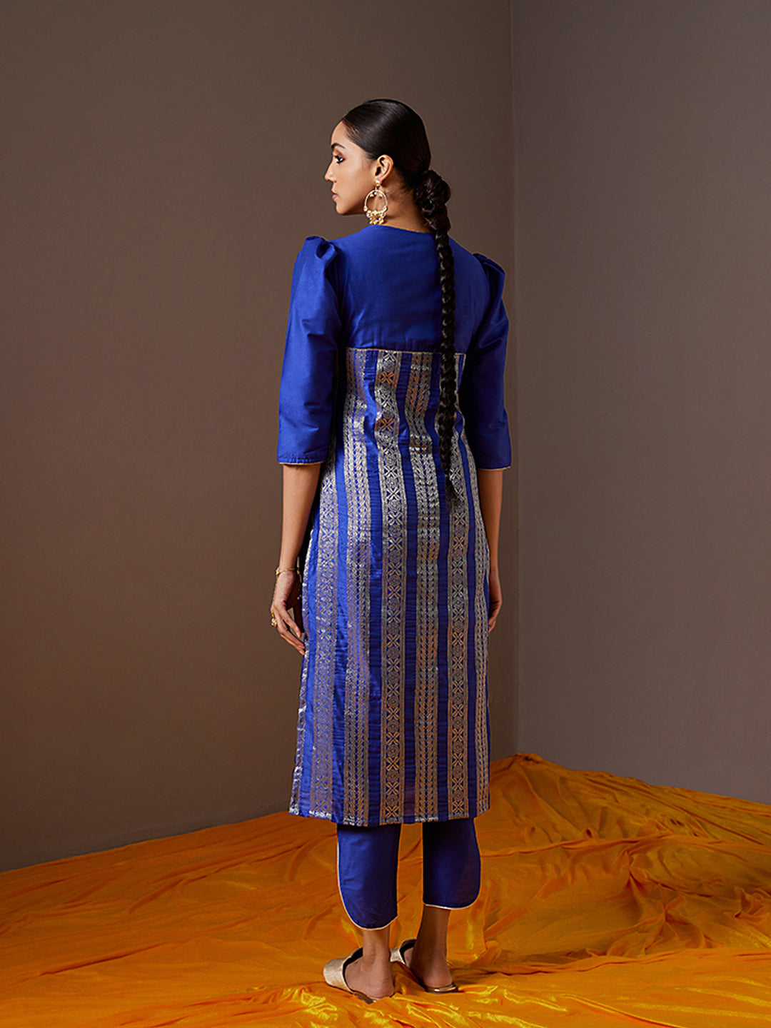 Scoop neck banarasi zari straight kurta -Imperial blue