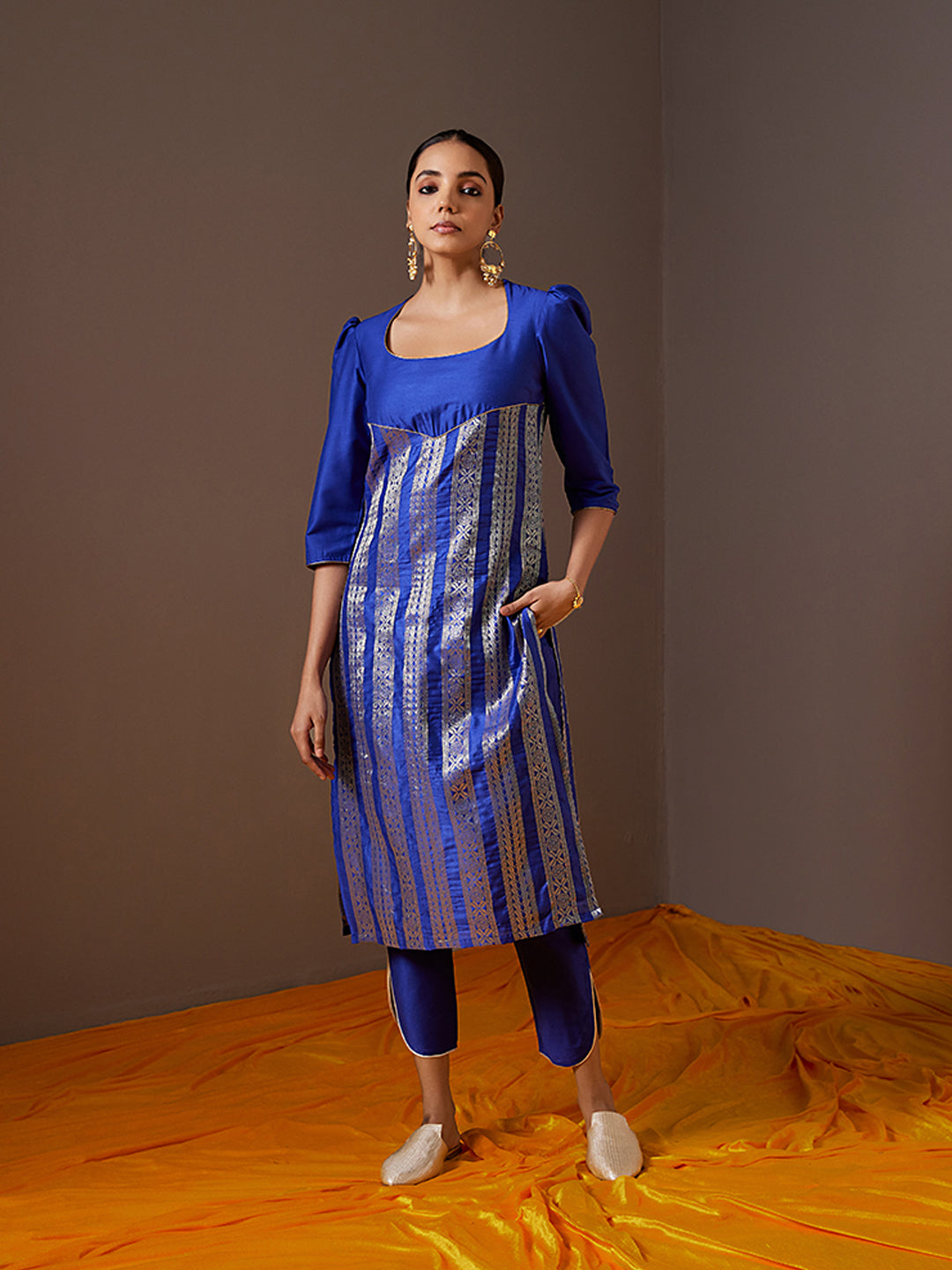 Scoop neck banarasi zari straight kurta -Imperial blue