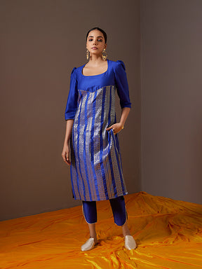 Scoop neck banarasi zari straight kurta -Imperial blue