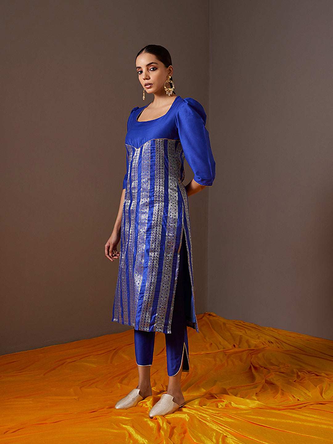 Scoop neck banarasi zari straight kurta -Imperial blue