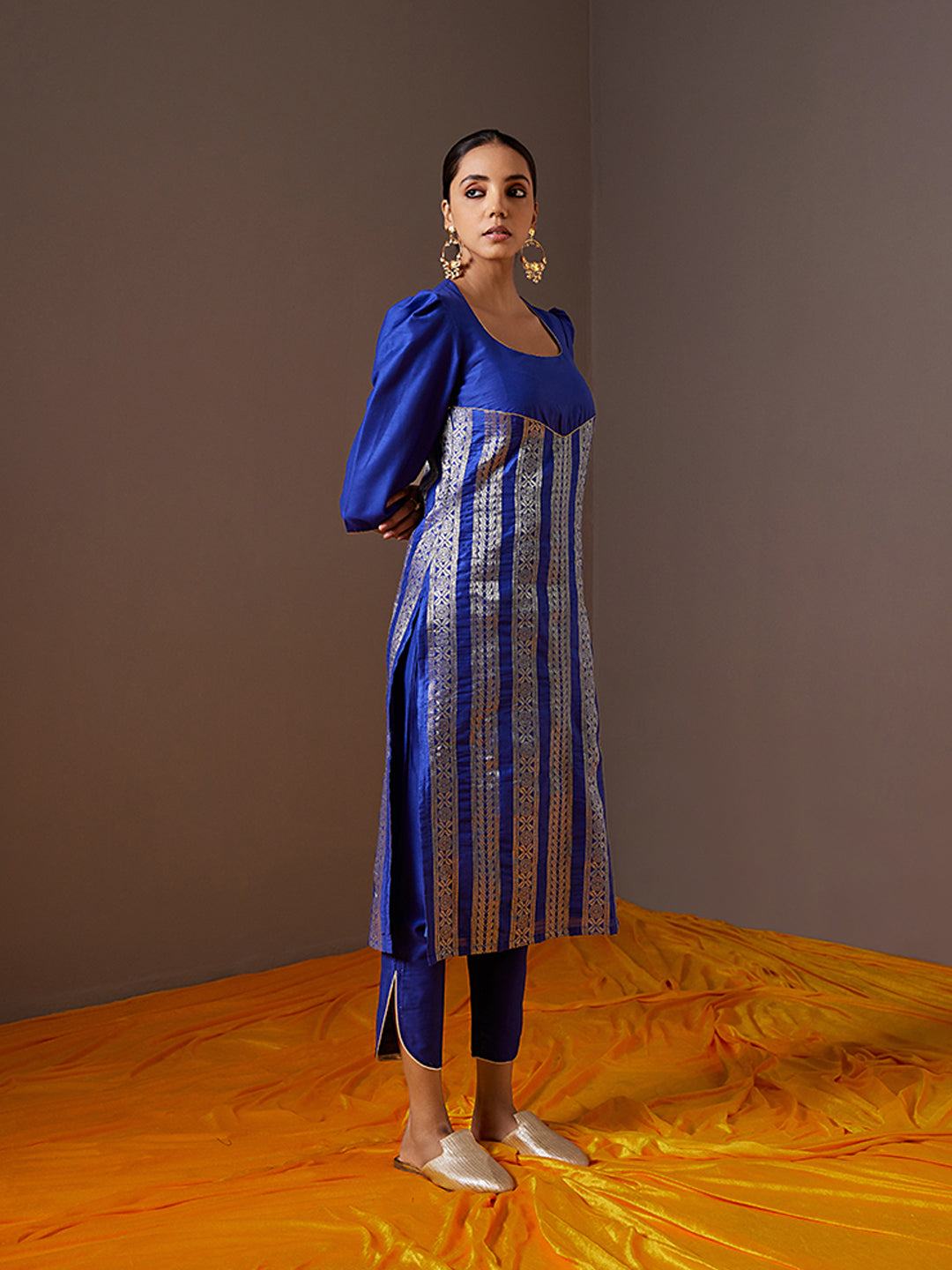 Scoop neck banarasi zari straight kurta -Imperial blue
