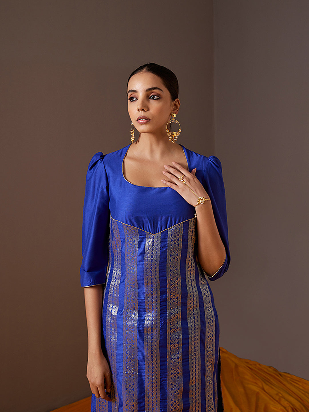 Scoop neck banarasi zari straight kurta -Imperial blue