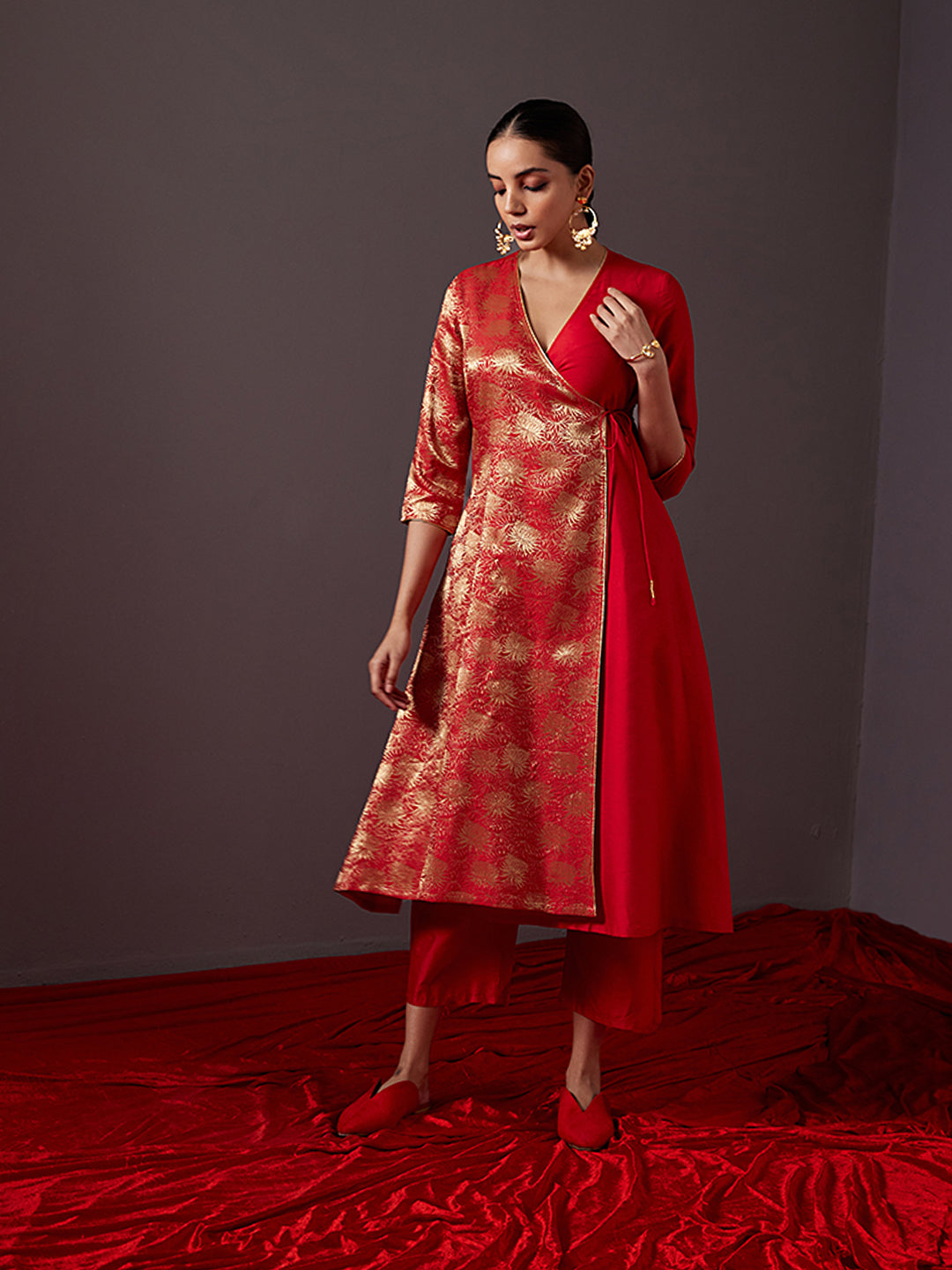 Banarasi zari angrakha kurta with Dori tie up-Scarlet Red