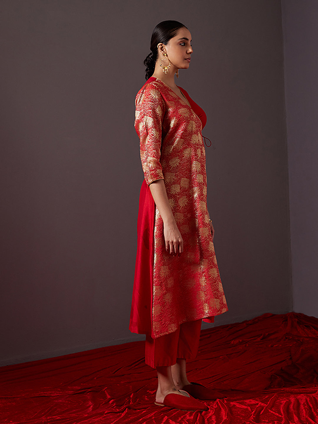 Banarasi zari angrakha kurta with Dori tie up-Scarlet Red