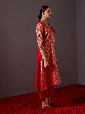 Banarasi zari angrakha kurta with Dori tie up-Scarlet Red