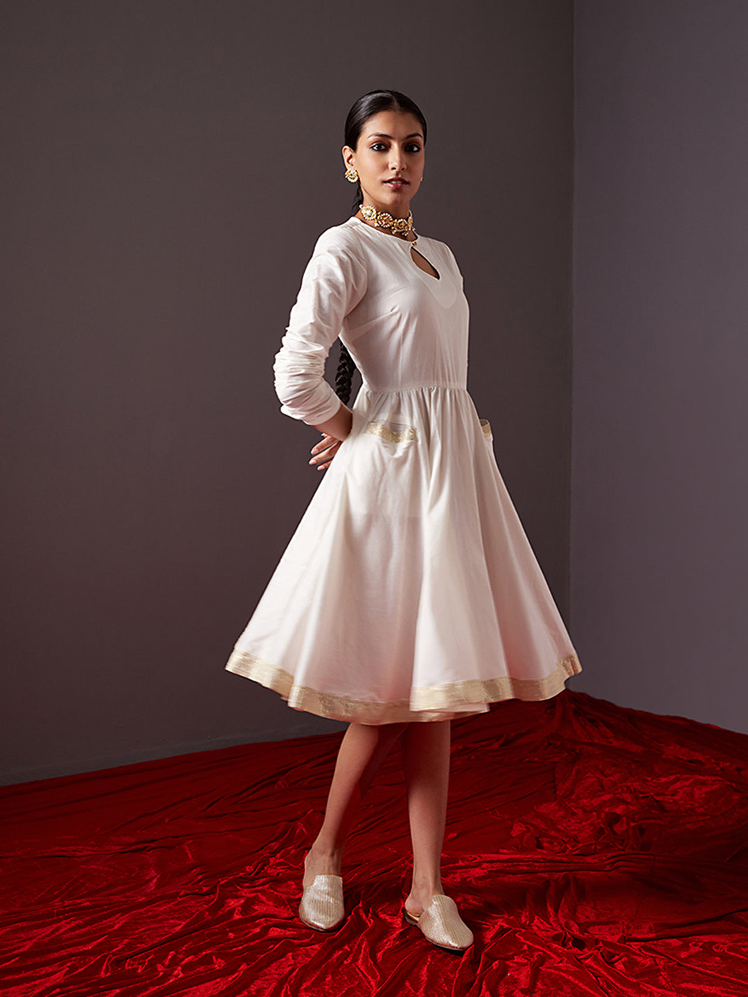 Circular dress with churidar sleeves- Pearl white