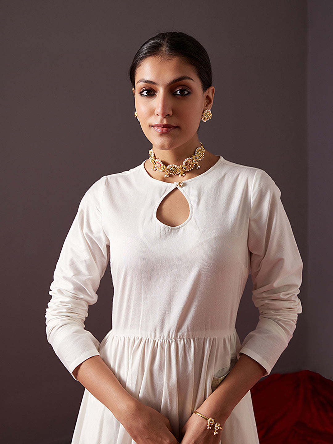 Circular dress with churidar sleeves- Pearl white