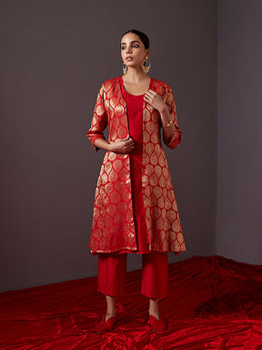 Banarasi zari jacket with straight kurta-Scarlet red