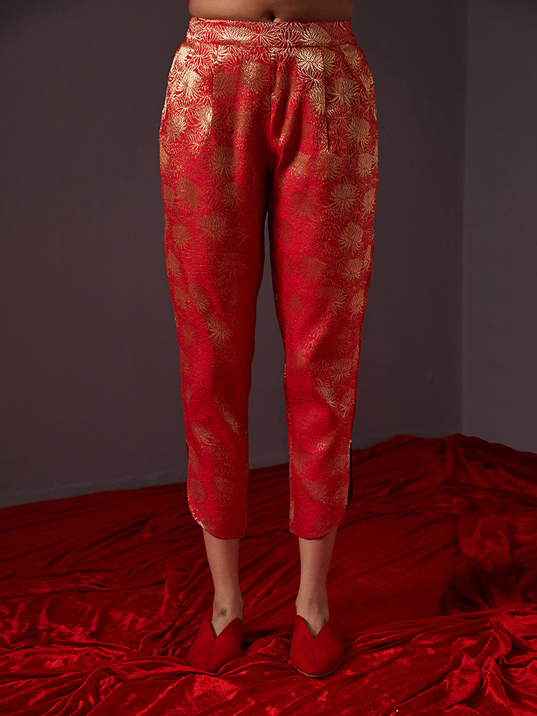 Curved U hem Banarasi zari pants -scarlet red